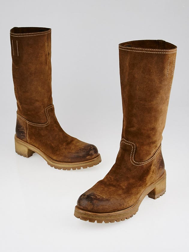 Prada Nocciolo Distressed Suede Boots Size 8.5/39