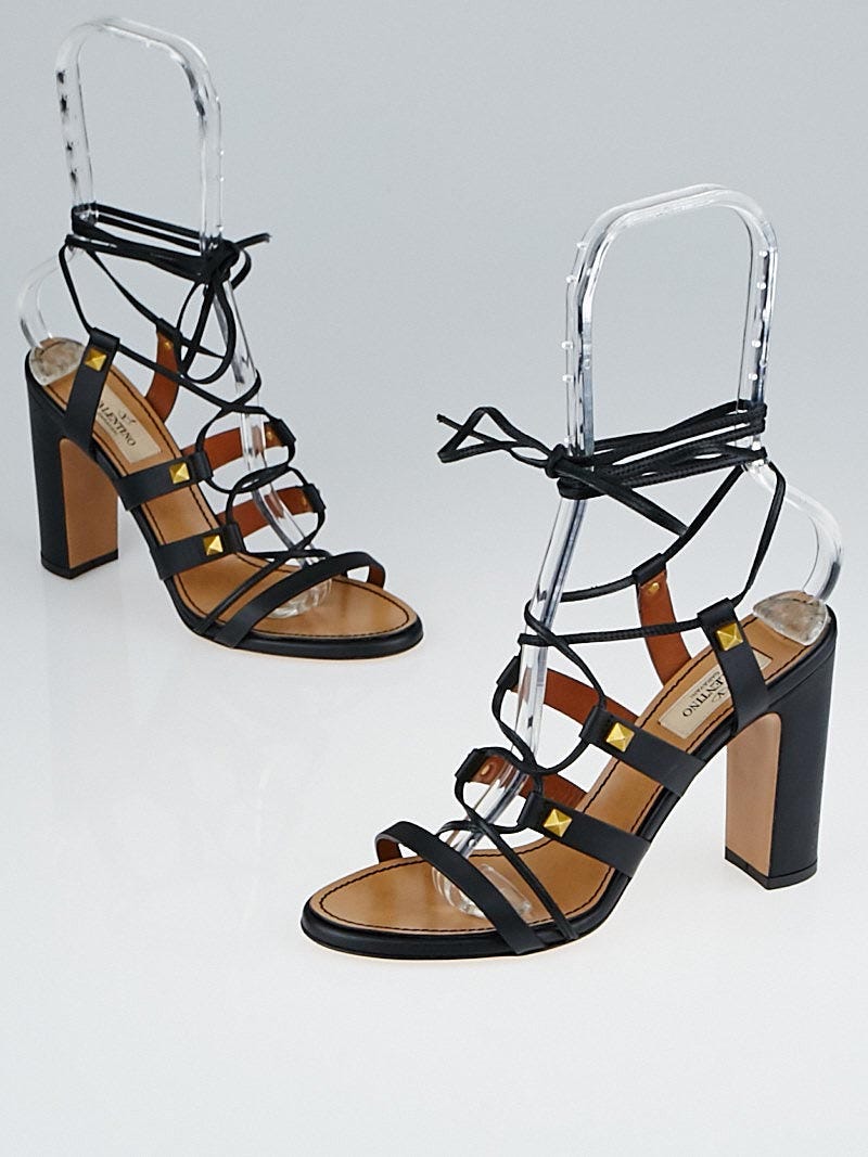 Valentino Black Leather Rockstud High Heel Gladiator Sandals Size 6.5 37 Yoogi s Closet
