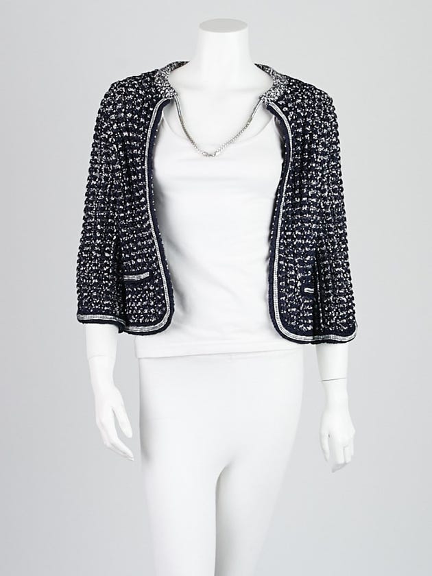 Chanel Marine/Gris/Ecru Cotton Blend Knit Cardigan Sweater Size 2/34