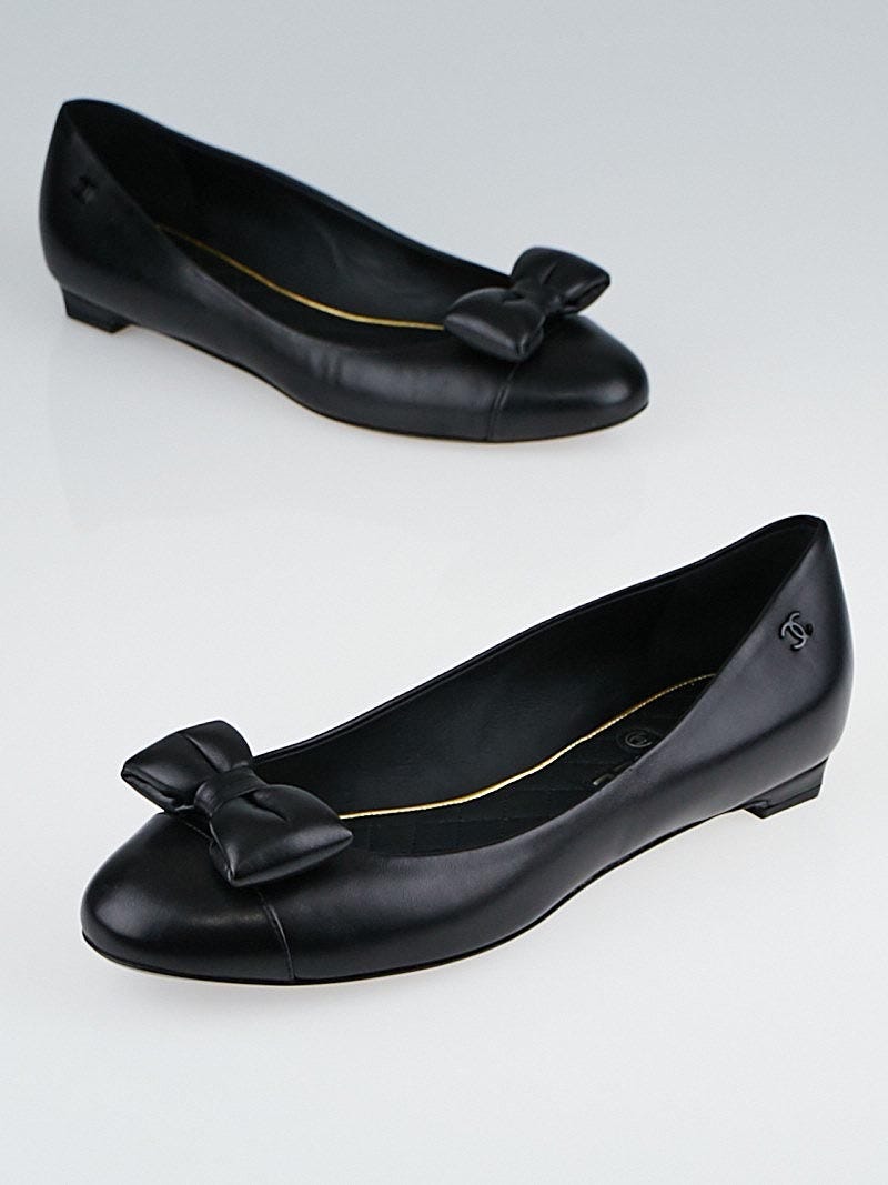 Chanel Black Lambskin Leather Bow Ballet Flats Size 6.5/37 - Yoogi's Closet