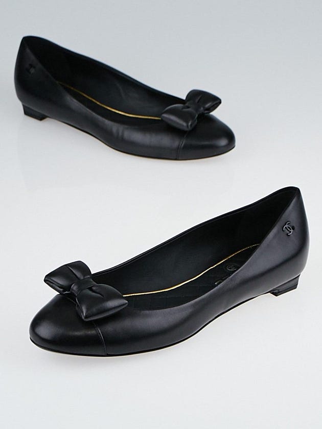 Chanel Black Lambskin Leather Bow Ballet Flats Size 6.5/37