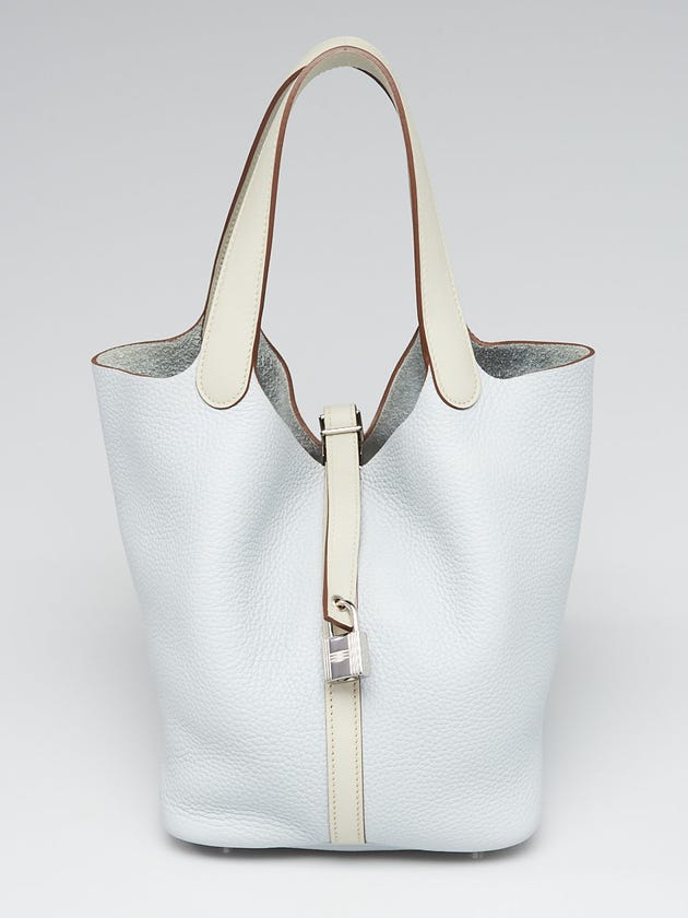 Hermes 22cmm Bi-Color Bleu Pale/Gris Pearl Clemence and Swift Leather Palladium Plated Picotin Lock Bag