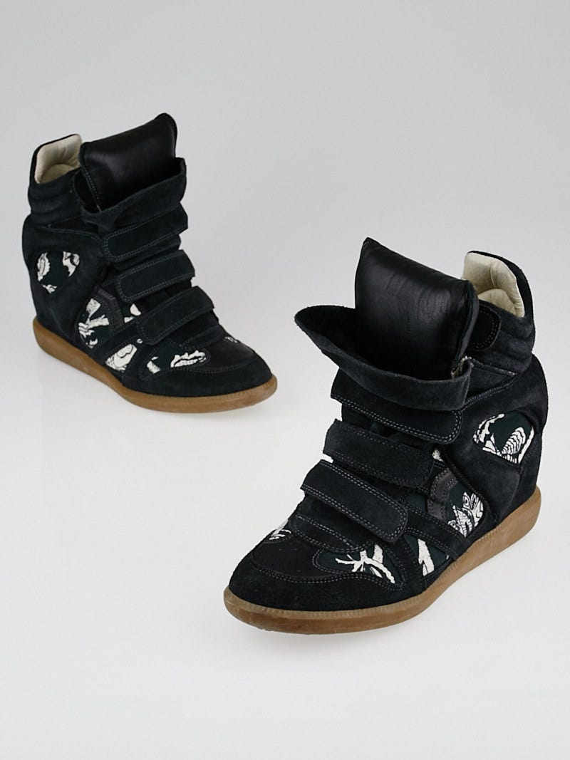 Isabel Marant Black Suede and Printed Canvas Bekett Sneaker Wedges Size 10.5 41 Yoogi s Closet