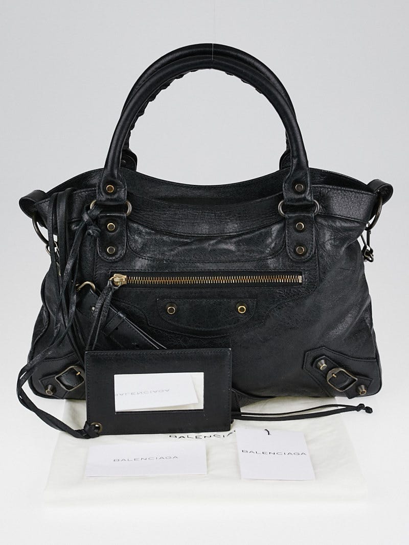 【本物新品保証】 Black Balenciaga Lambskin Bag Town Motorcycle Leather その他
