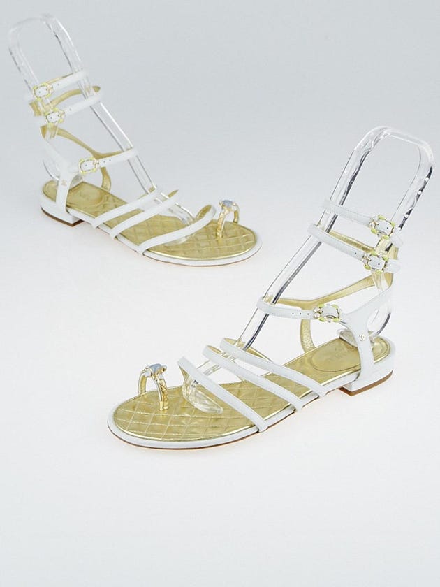 Chanel White Leather Jeweled Gladiator Sandals Size 8.5/39C