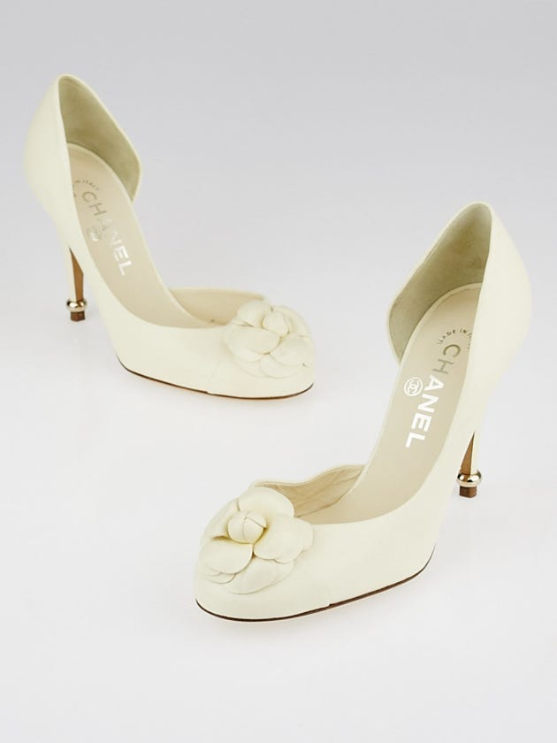 Chanel Ivory Leather Camellia Half-d'Orsay Pumps Size 7/37.5
