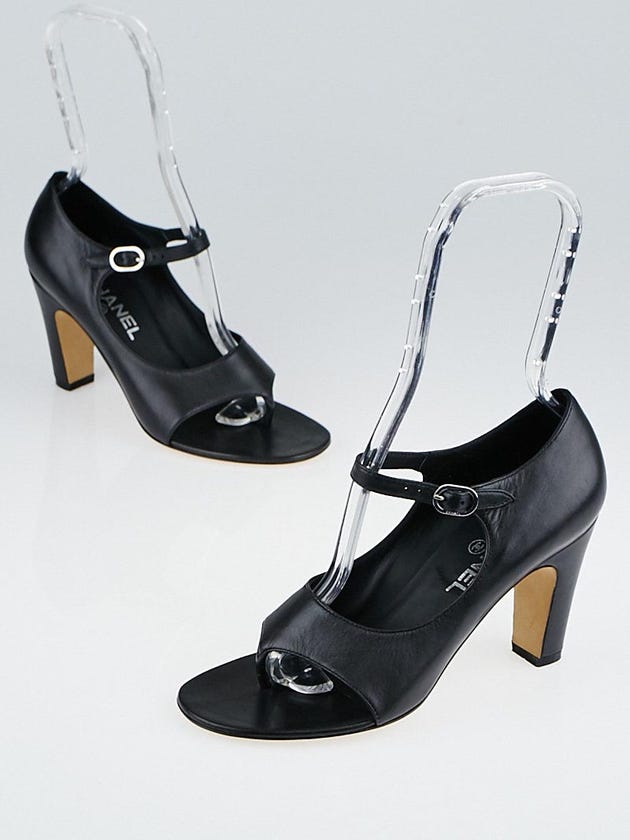 Chanel Black Leather Open-Toe Mary Jane Heels Size 7.5/38