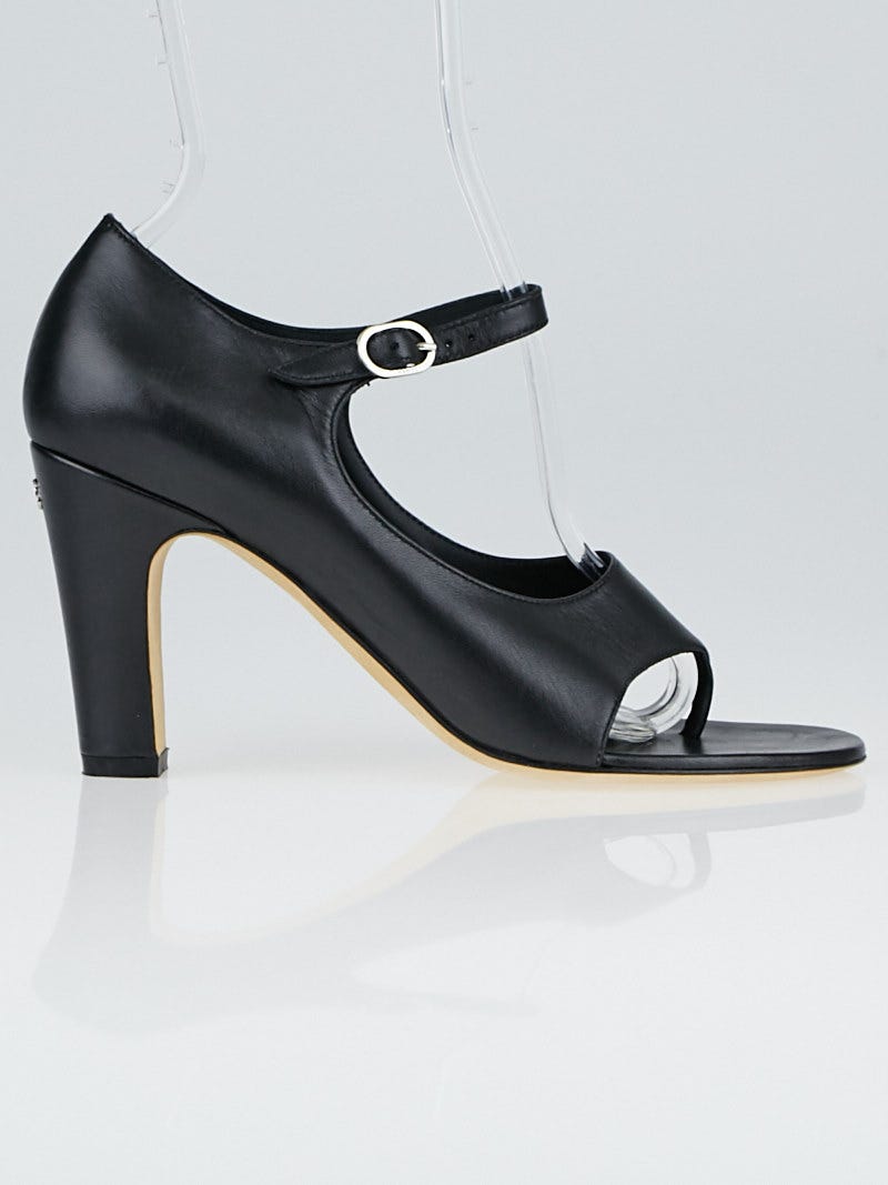Chanel Black Leather Open-Toe Mary Jane Heels Size 7.5/38