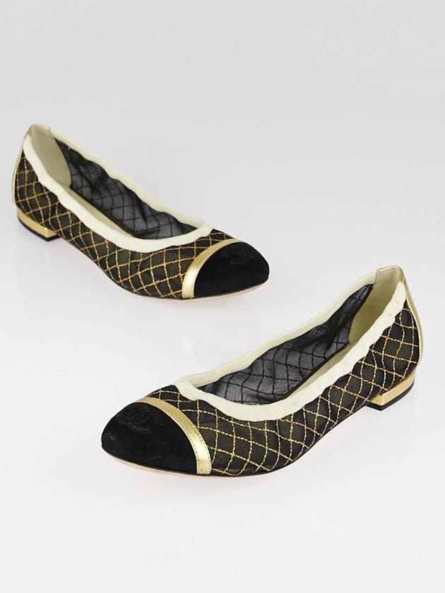 Chanel Black Mesh Metallic Gold Cap Toe Ballet Flats Size 7.5/38