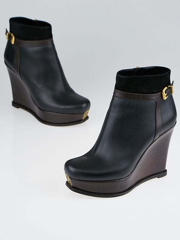Fendi Black Leather/Suede Platform Wedge Fendista Ankle Boots Size 7/37.5
