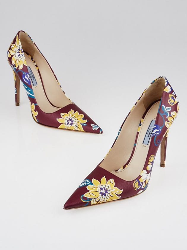 Prada Red Multicolor Floral Print Saffiano Leather Pointed-Toe Pumps Size 8.5/39