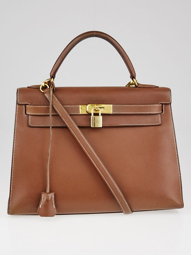 Hermes 32cm Vintage Gold Evergrain Leather Gold Plated Kelly Sellier Bag