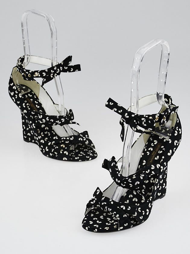 Louis Vuitton Black Floral Print Canvas Bow Wedges Size 6.5/37