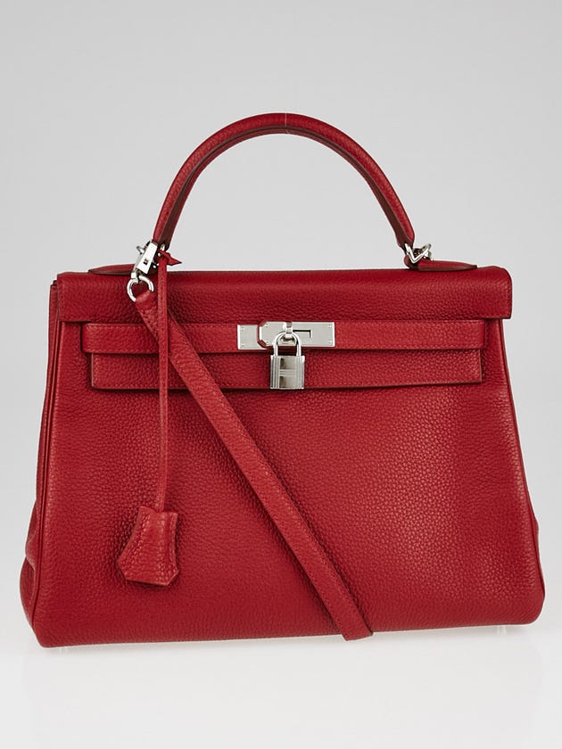 Hermes 32cm Rouge Garance Clemence Leather Palladium Plated Kelly Retourne Bag