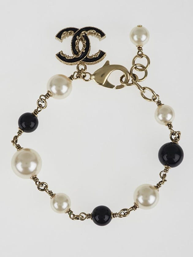 Chanel Black Bead and Pearl CC Logo Bracelet