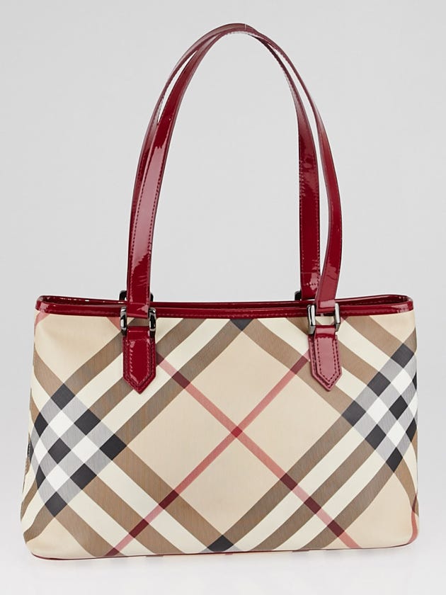 Burberry Red Patent Leather Supernova Check Coated Canvas Regent Tote Bag