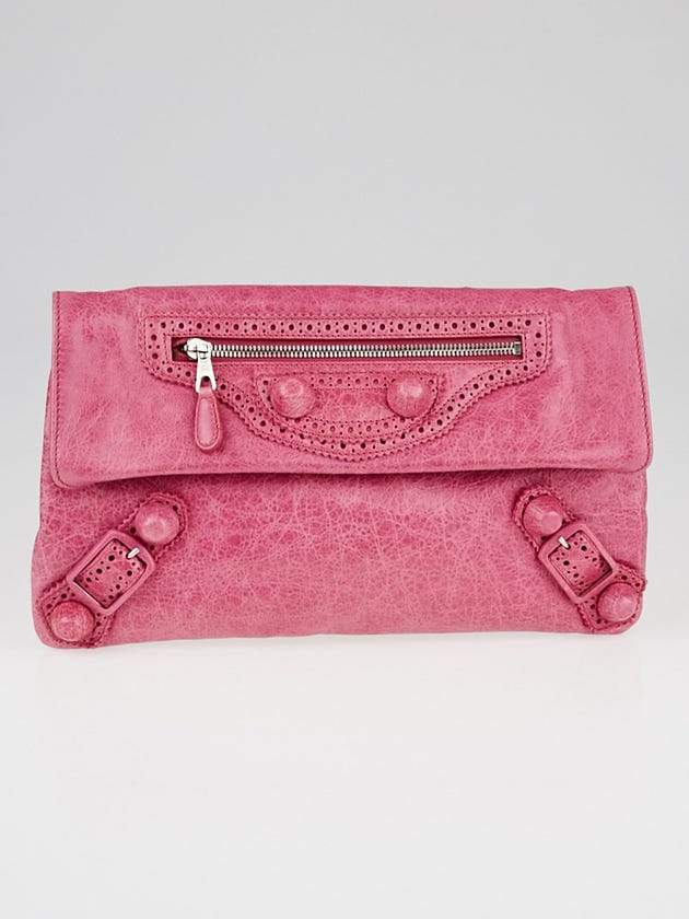 Balenciaga Sorbet Lambskin Leather Giant Brogues Covered Leather Envelope Flap Clutch Bag