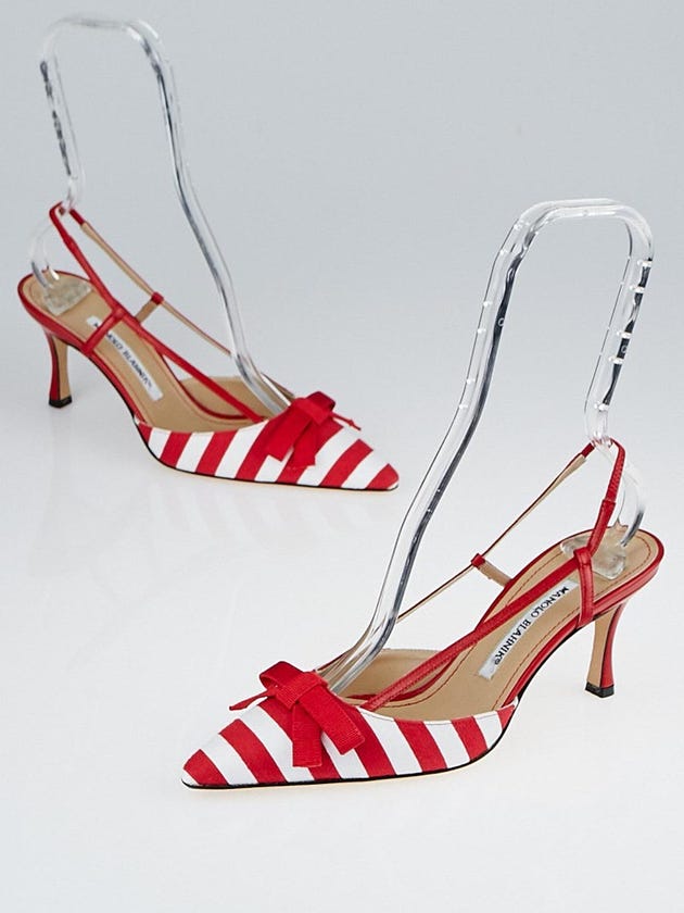Manolo Blahnik Red/White Canvas Stripe Slingback Heels Size 7/37.5