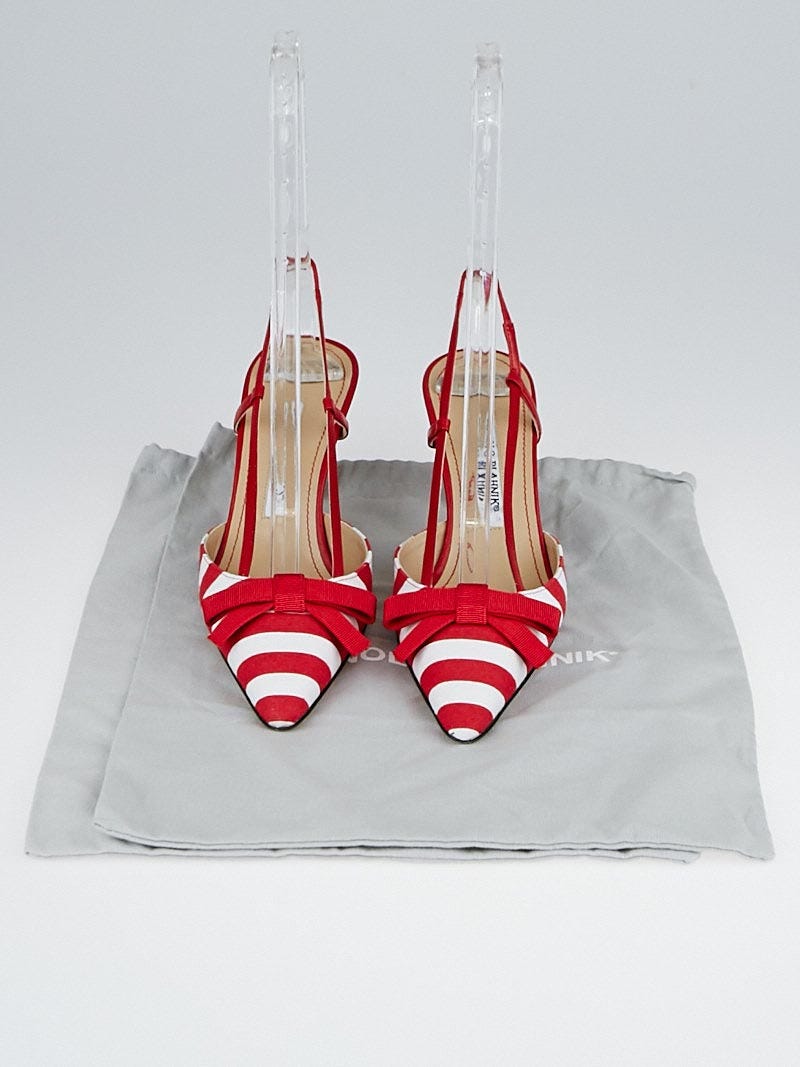 Manolo Blahnik Red White Canvas Stripe Slingback Heels Size 7 37.5 Yoogi s Closet