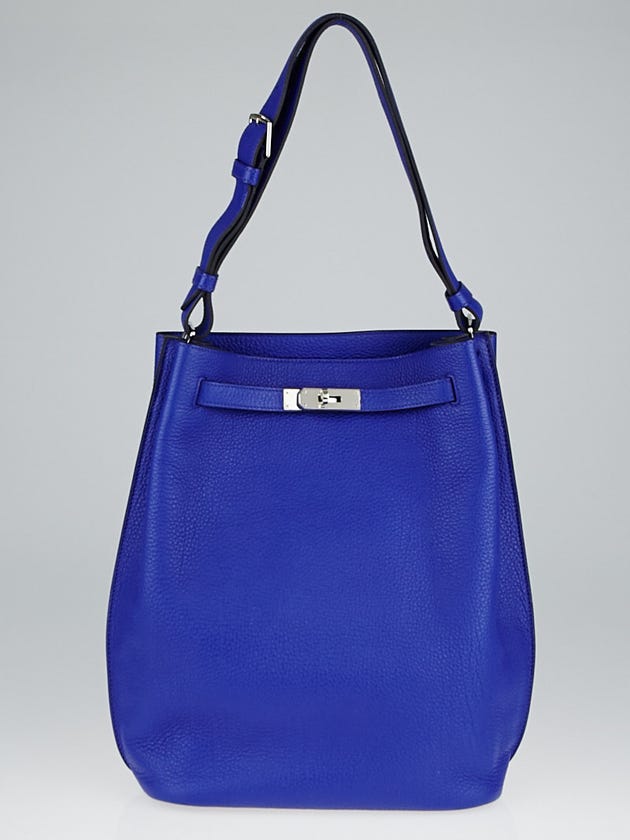 Hermes 26cm Blue Sapphire Clemence Leather Palladium Plated SO Kelly Bag