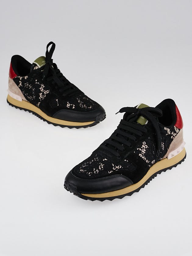 Valentino Black Lace Rockstud Rockrunner Sneakers Size 8.5/39