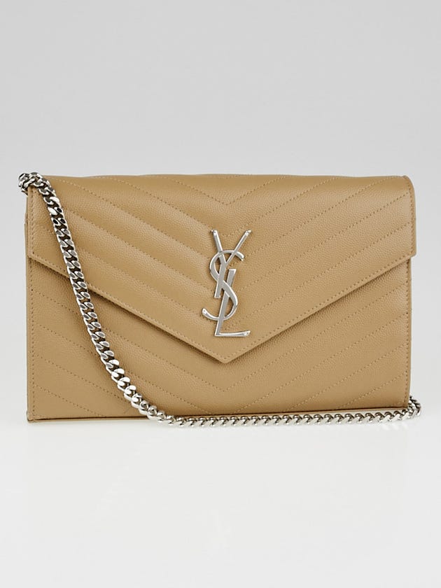 Yves Saint Laurent Beige Chevron Quilted Grained Leather Metalasse Wallet on Chain Bag