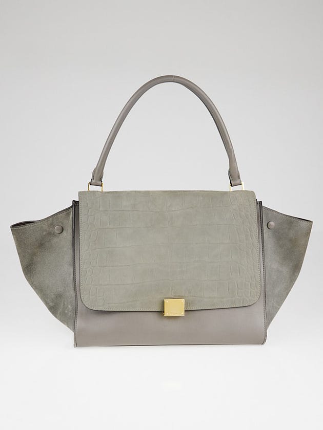 Celine Grey Crocodile Stamped Nubuck and Smooth Leather Large Trapeze Bag