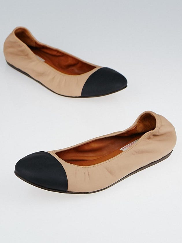 Lanvin Nude/Black Leather Cap-Toe Ballet Flats Size 8.5/39