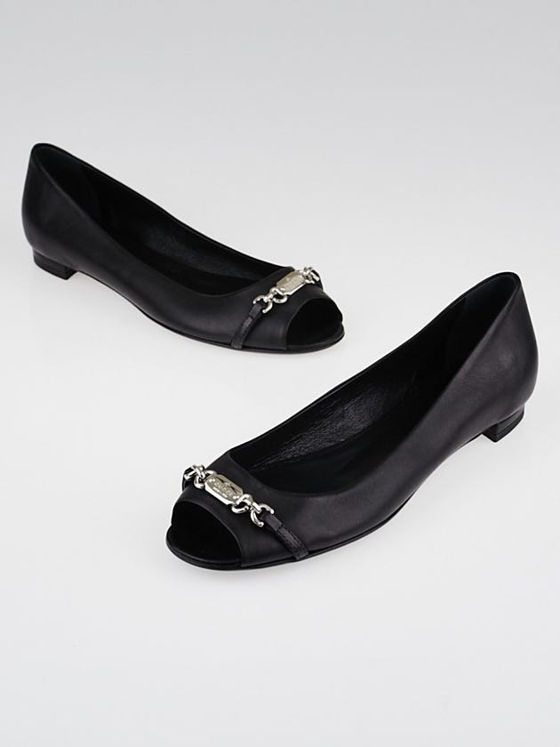 Gucci Black Leather Peep-Toe Flats Size 6/36.5