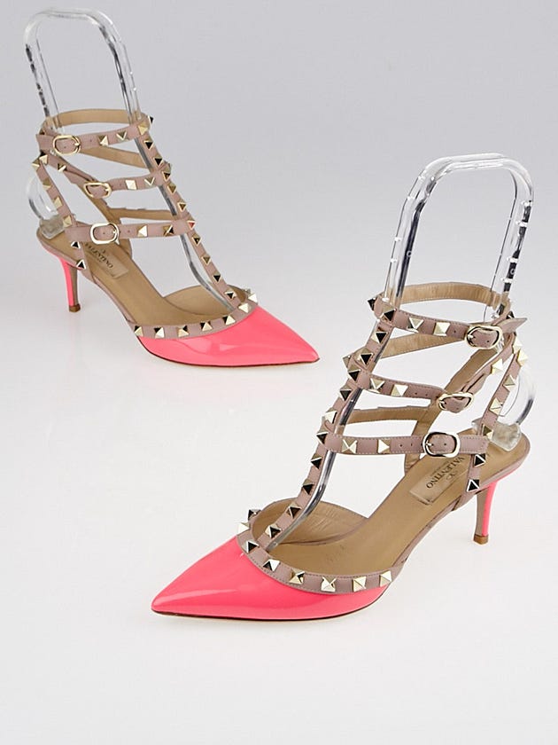 Valentino Hot Pink/Nude Patent Leather Rockstud T-Strap Kitten Heel Pumps Size 6.5/37
