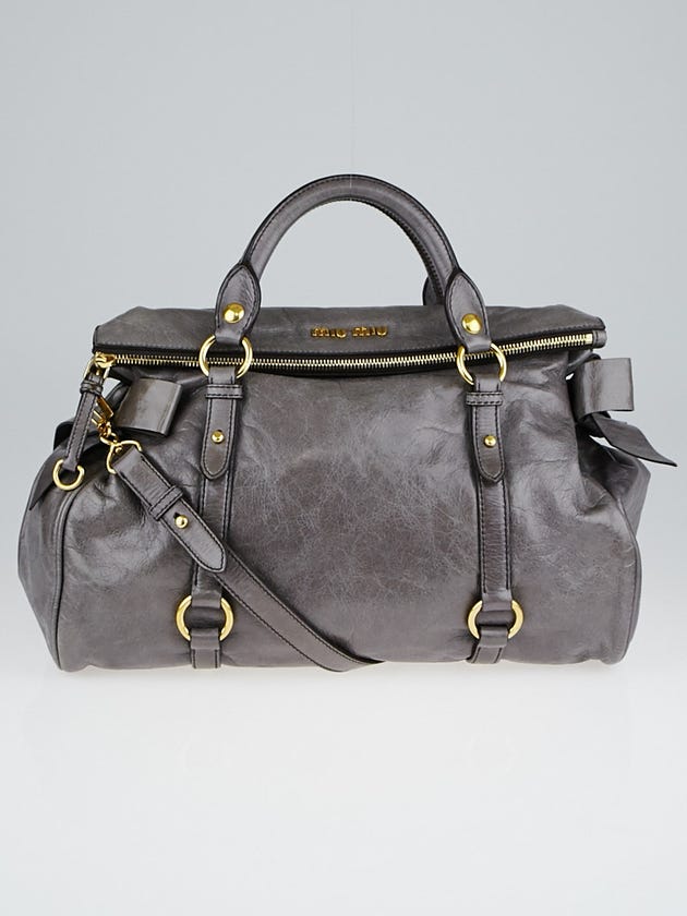Miu Miu Grey Vitello Lux Leather Bow Top Handle Bag