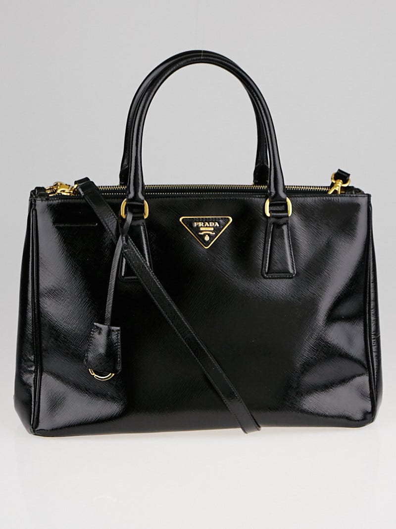 Prada Black Saffiano Vernice Leather Medium Double Zip Tote Bag BN2274 Yoogi s Closet