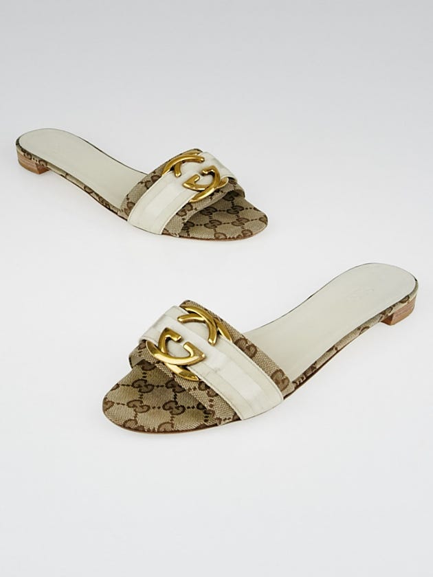 Gucci Beige GG Canvas Open-Toe Interlocking G Slide Flats Size 8.5/39