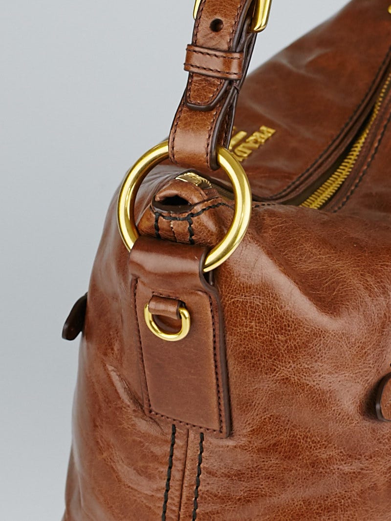 Prada Brown Vitello Shine Leather Zip Hobo Bag BR4733