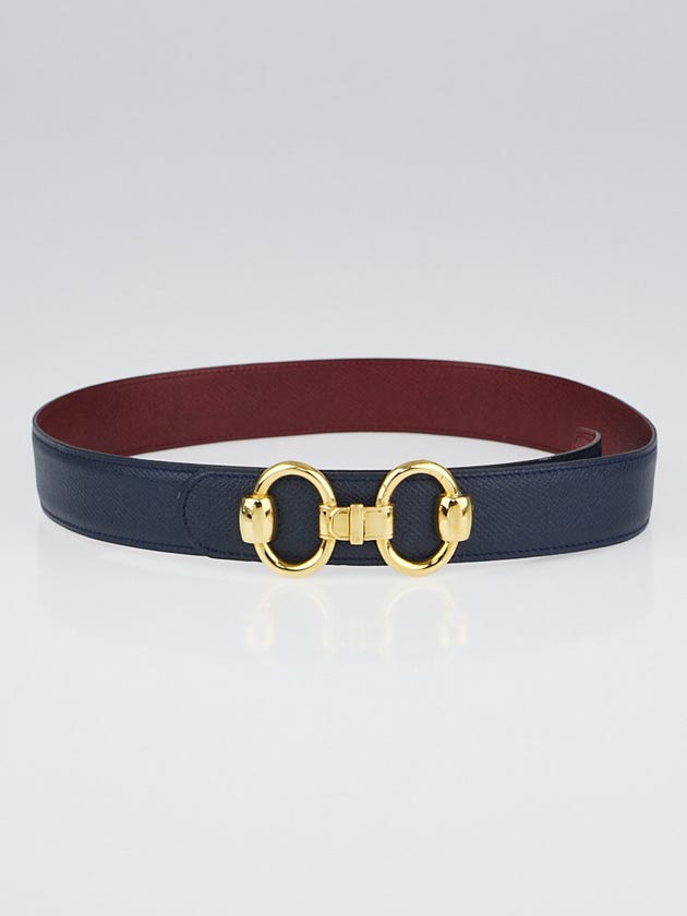 Hermes Navy Blue/Rouge Courchevel Leather Gold Plated Horsebit Reversible Belt Size 75