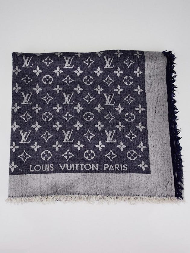 Louis Vuitton Blue Monogram Denim Silk/Wool Shawl Scarf
