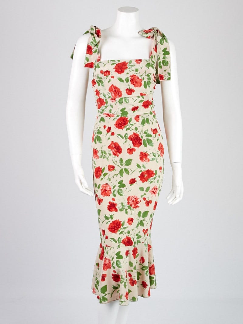 Dolce & Gabbana Red/Green Floral Print Silk Blend Tie-Strap Dress Size 4/38  | Yoogi's Closet
