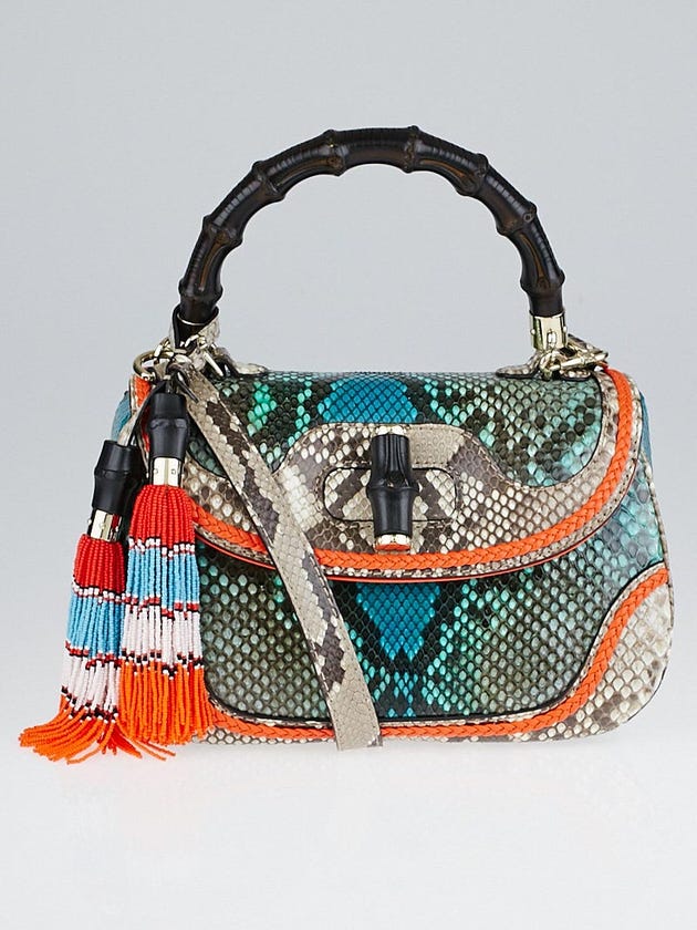 Gucci Limited Edition Blue Multicolor Python New Bamboo Medium Top Handle Bag