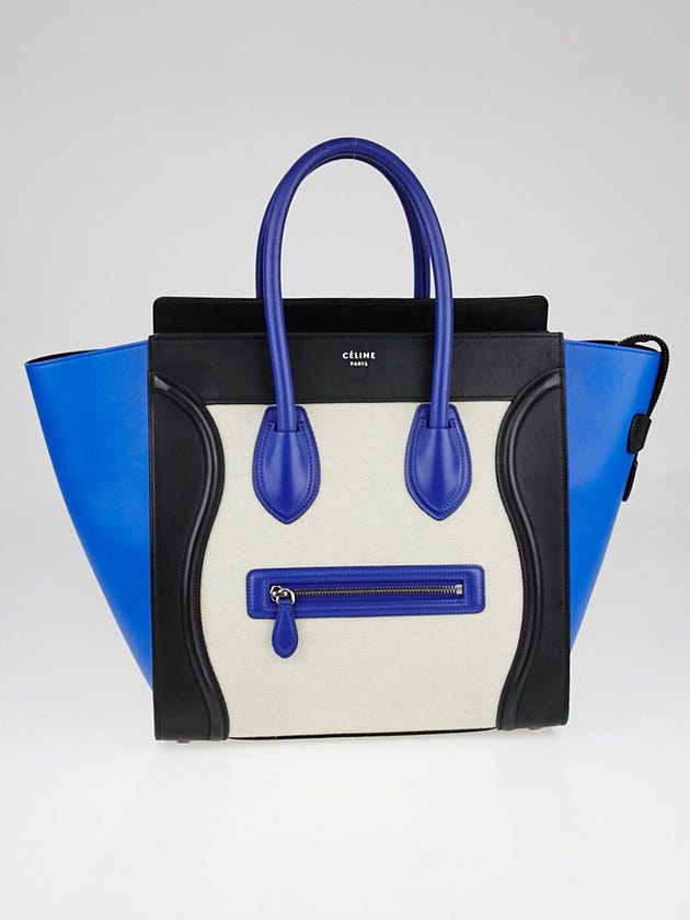 Celine Blue/Beige Smooth Calfskin Leather and Canvas Mini Luggage Tote Bag