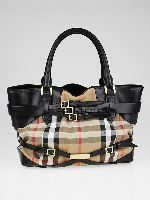 Burberry Black Leather Bridle House Check Canvas Lynher Medium Tote Bag