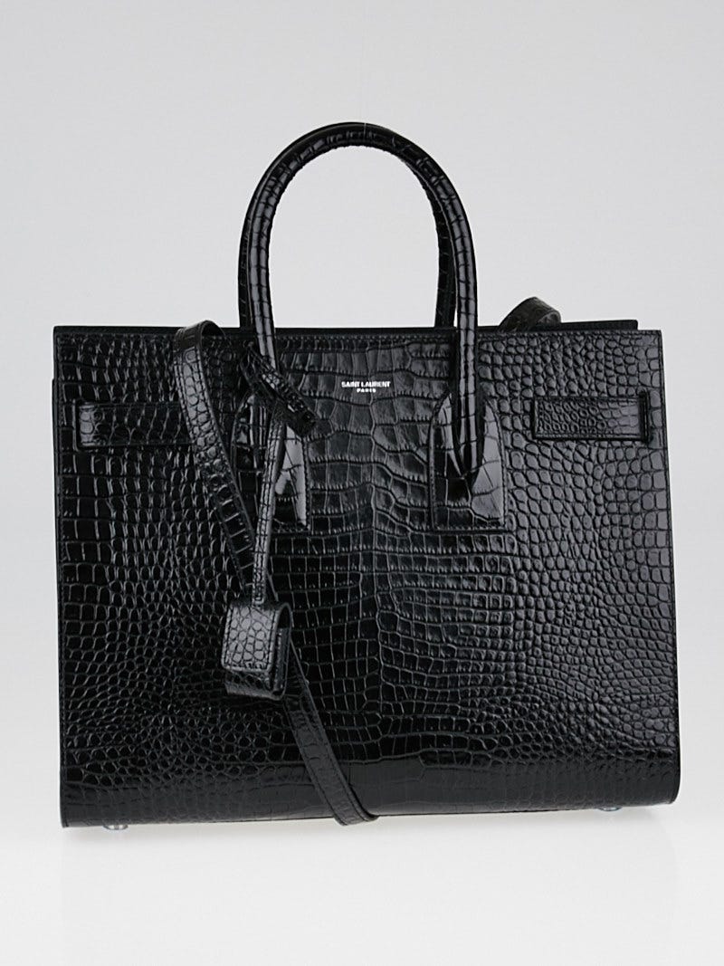 Yves Saint Laurent Black Croc Embossed Patent Leather Small