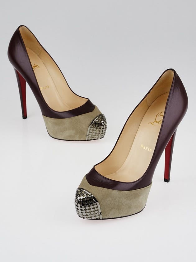Christian Louboutin Bordeaux Leather and Grey Suede Steel-Toe Platform Maggie 140 Pumps Size 8.5/39