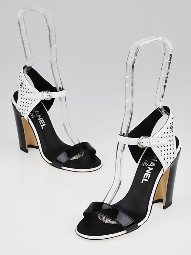 Chanel Black and White Patent Leather Ankle Strap Sandals Size 5.5/36