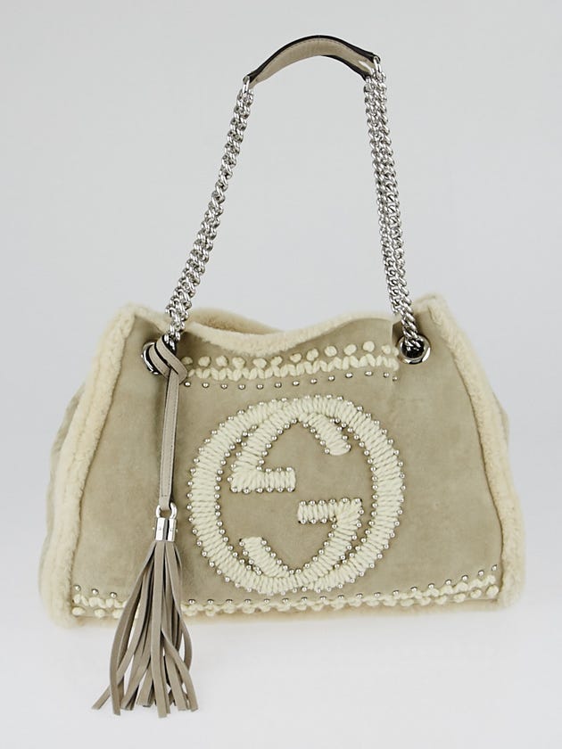 Gucci Beige Suede/Shearling Studded Soho Chain Tote Bag