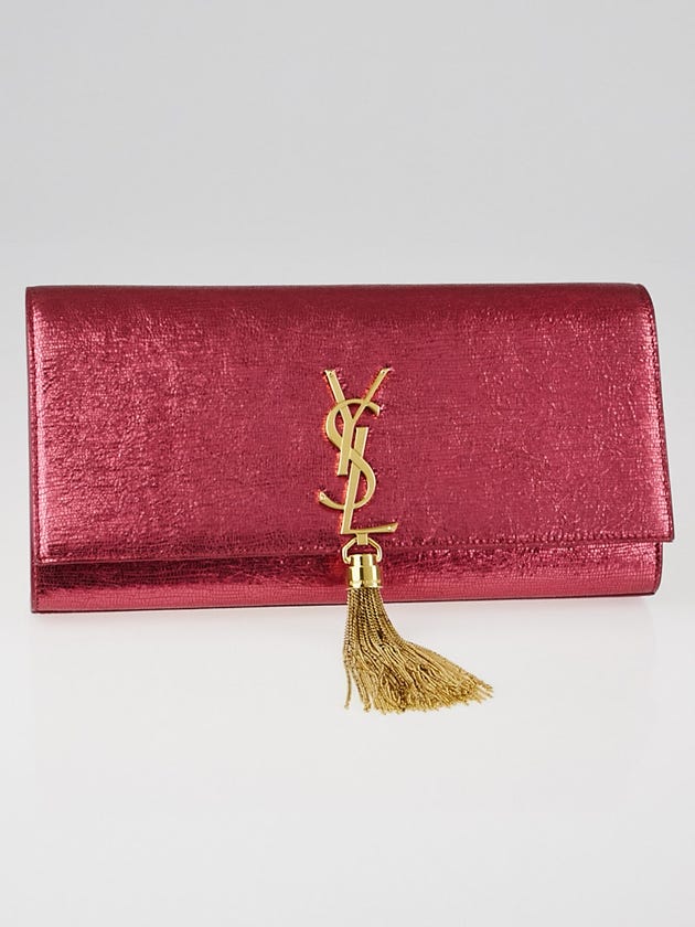 Yves Saint Laurent Pink Cracked Shiny Metallic Calfskin Leather Cassandre Tassel Clutch Bag