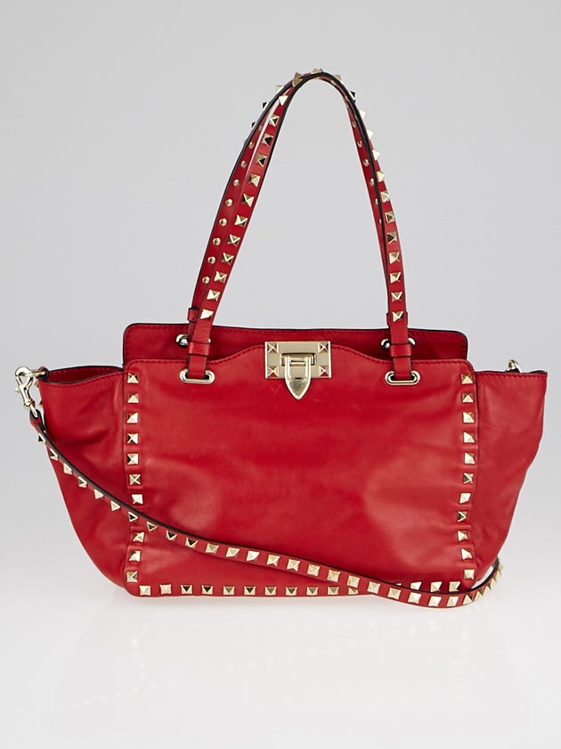 Valentino Red Leather Rockstud Trapeze Small Tote Bag