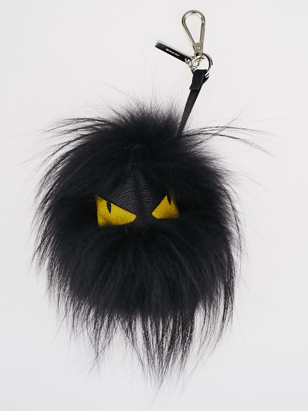 Fendi Black Fox Fur and Leather Cube Bug Bag Key Chain and Bag Charm 7AR386