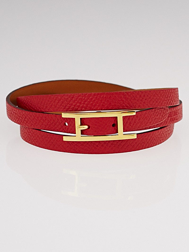 Hermes Rouge Epsom Leather Gold Plated Hapi 3 MM Bracelet Size GM Yoogi s Closet