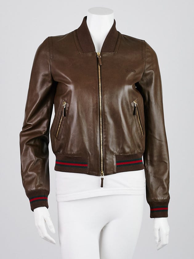 Gucci Brown Leather Vintage Web Leather Bomber Jacket Size 8/42