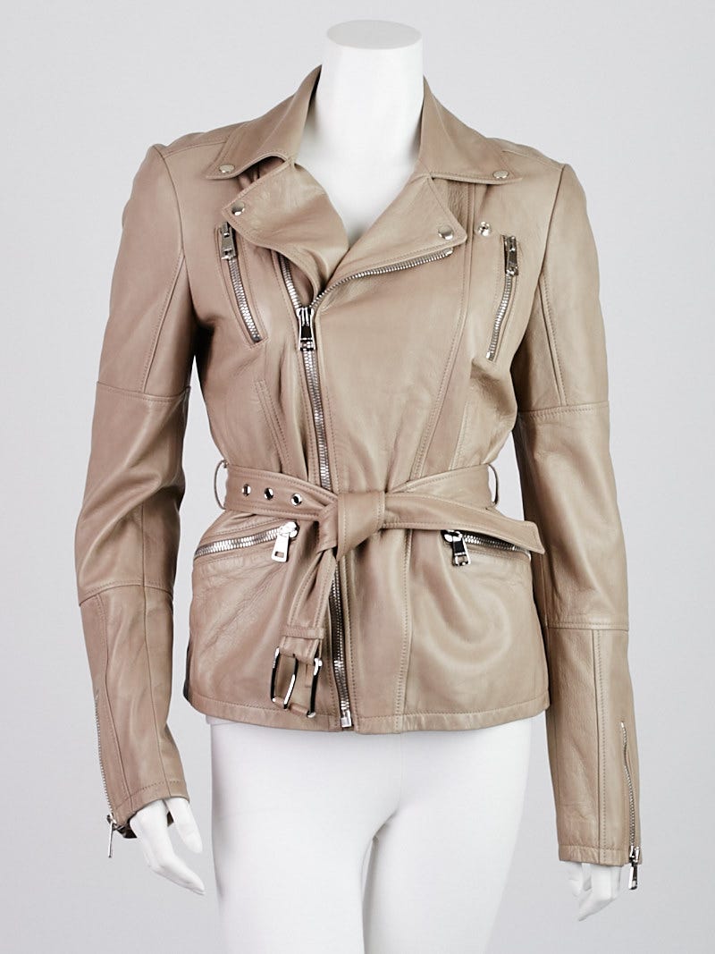 Gucci Taupe Lambskin Leather Belted Motorcycle Jacket Size 10 44